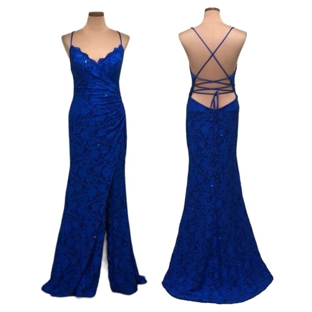 NWT La Femme Formal Gown Maxi Dress Size 14 Royal Blue Floral Lace Rhinestone
